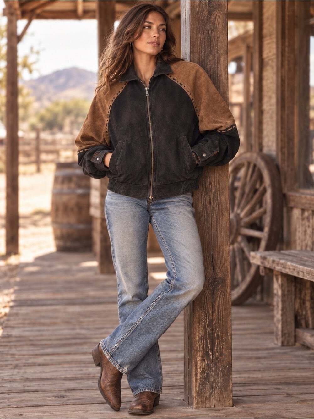 Vintage Genuine Suede Leather Colorblock Bomber Jacket 90s Western Rodeo M/L